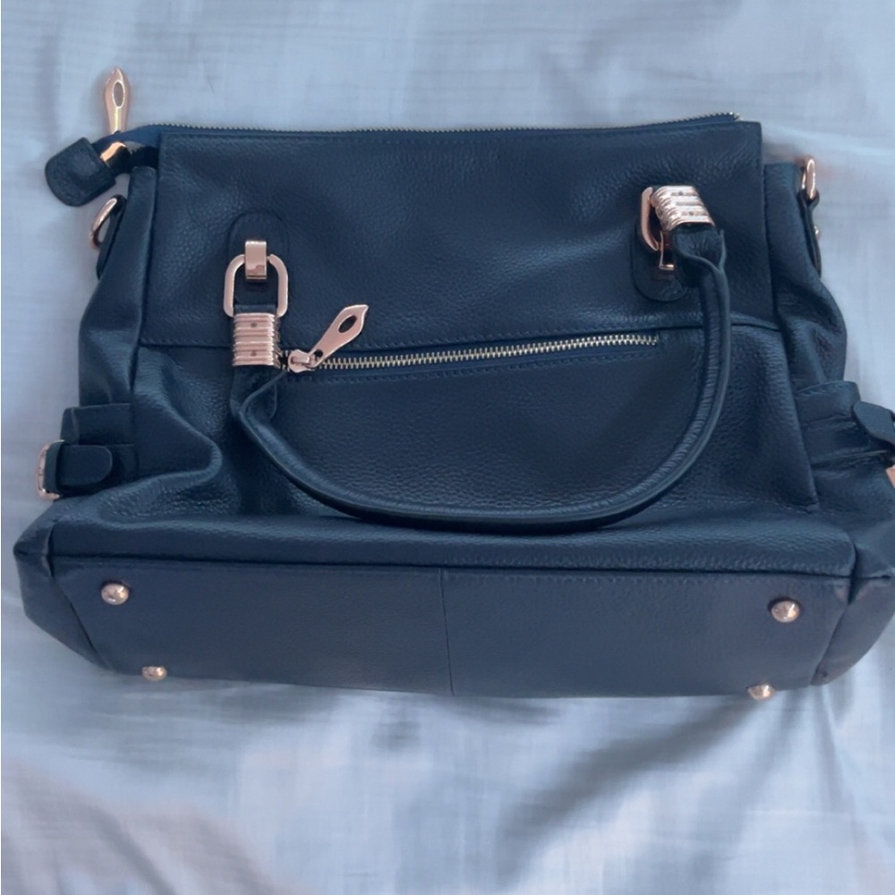 Elegant Real Navy Leather Handbag